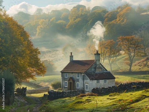 A quaint countryside cottage nestled among rolling hills, with smoke curling from its chimney on a crisp autumn morning rustic charm Soft, diffused light bathes the scene, enhancing the cozy atmospher