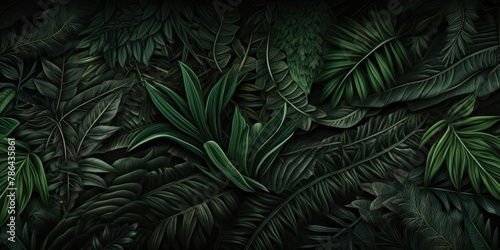 Tropical foliage in bright hues set against a dark backdrop.