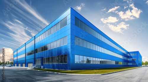 A large blue warehouse with exterior walls, car parking lot and bright sky.