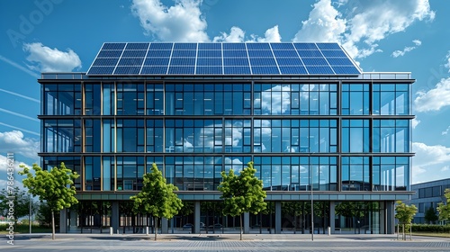 Modern Sustainable Office Building with Solar Panels and Detailed Contemporary Architecture in Urban Landscape
