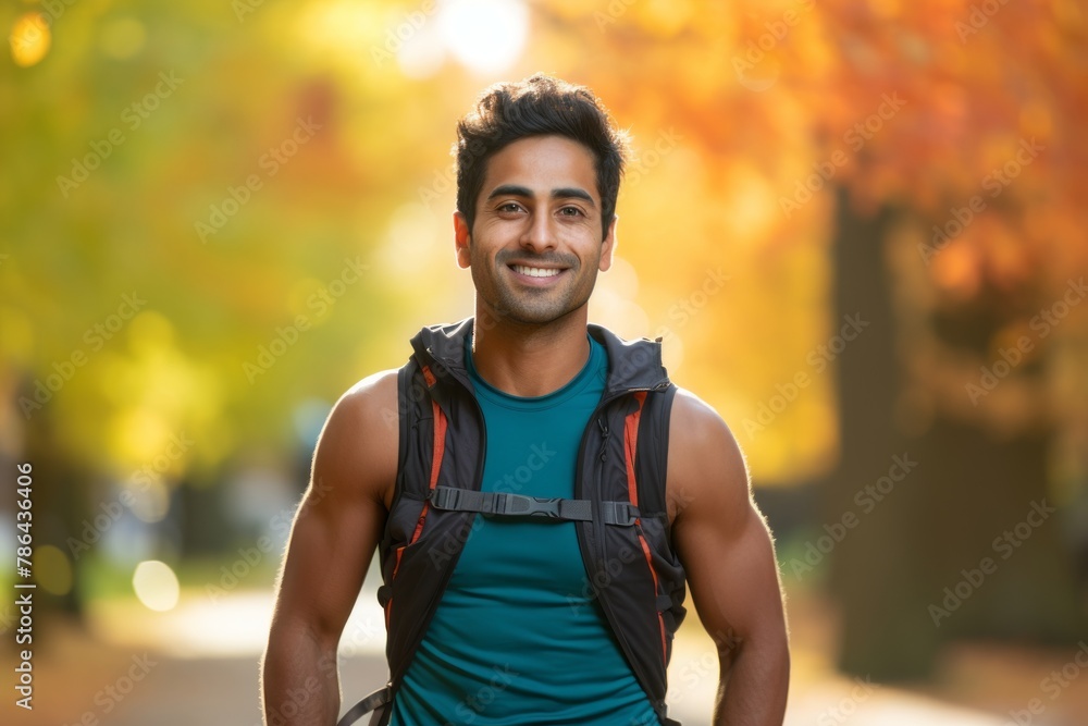 Portrait of a smiling indian man in his 20s wearing a lightweight running vest in background of autumn leaves