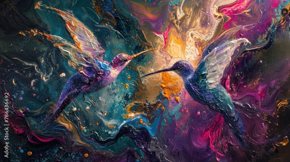 Naklejka premium hummingbirds of the eden colorful thick impasto painting