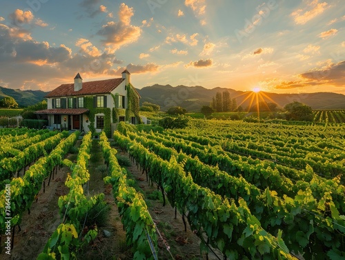 A rustic farmhouse nestled among rolling vineyards, with rows of grapevines stretching towards the horizon under the warm glow of sunset wine country charm Golden hour lighting accentuates the rustic