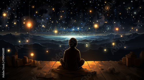 Boy sitting on wooden pier overlooking mountain landscape under starry night sky with glowing lanterns