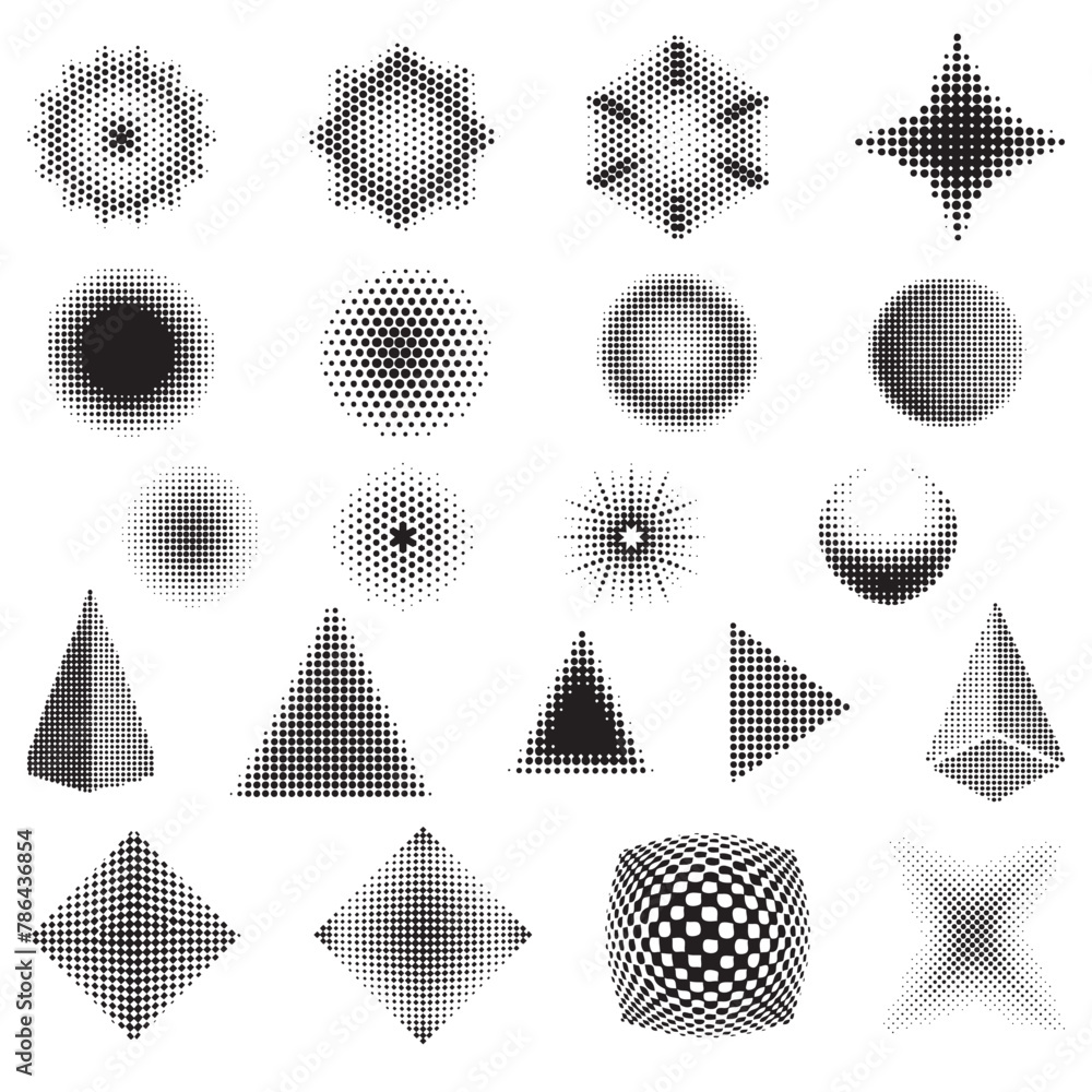 Halftone shape set isolated on white.  Retro futuristic grids in black color. Geometric elements in y2k design. Dotted shapes in pop art style. Vector illustration.