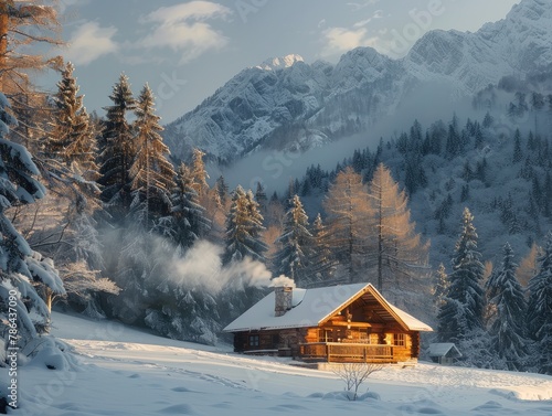 A secluded mountain cabin nestled among towering pine trees, with smoke curling from the chimney on a crisp winter morning cozy solitude Soft, diffused lighting enhances the cozy ambiance