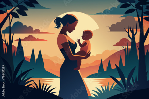 Maternal Love Isolated Vector Silhouette of Mother and Baby 