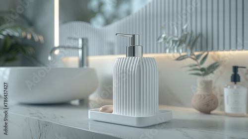 A white soap container in the bathroom
