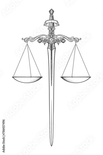 Antique ornate balance scales and sword Justice and making decision concept hand drawn isolated vector illustration