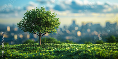 green tree growing on grass with city background  ecology concept. Green environment and eco friendly for sustainable development. copy space 