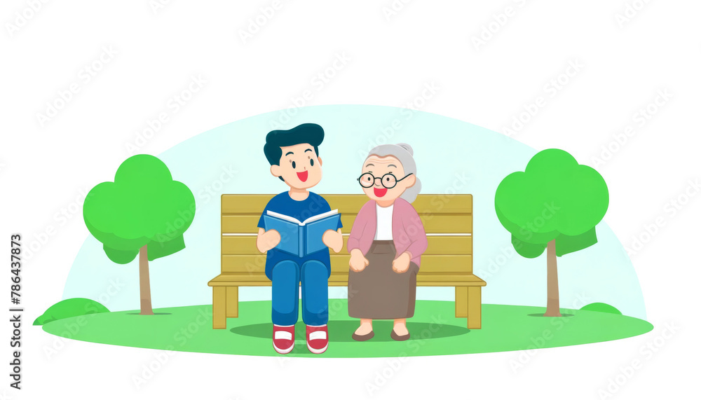 A cartoon of a young man and an elderly woman sitting on a bench in a park, chatting.