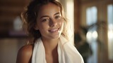 A joyful woman in a bathrobe enjoys morning light Suitable for lifestyle magazines, wellness blogs, spa and hotel promotions, beauty product ads, and happiness-themed campaigns