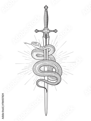 Antique ornate sword and snake with sunburst concept hand drawn isolated vector illustration