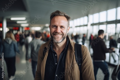Portrait of a happy man in his 40s wearing a chic cardigan over busy airport terminal