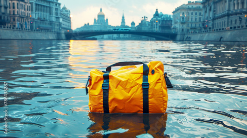 Yellow woman sport bag floating in a river of the centre city, in the style of hyper realistic photo