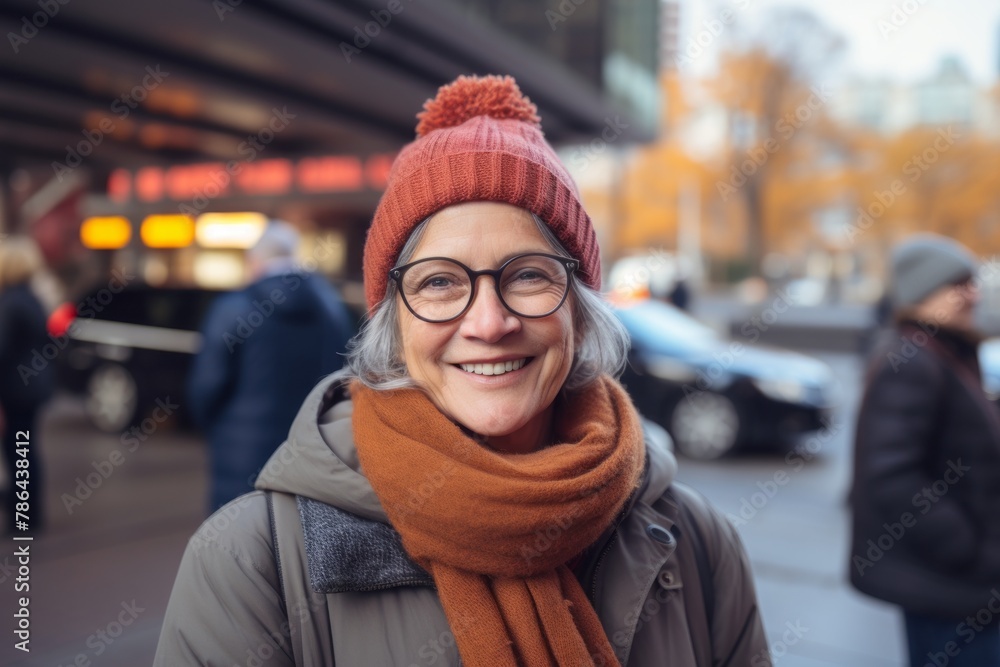 Portrait of a joyful woman in her 50s donning a warm wool beanie while standing against busy airport terminal Portrait of a joyful woman in her 50s donning a warm wool beanie while standing against busy airport terminal