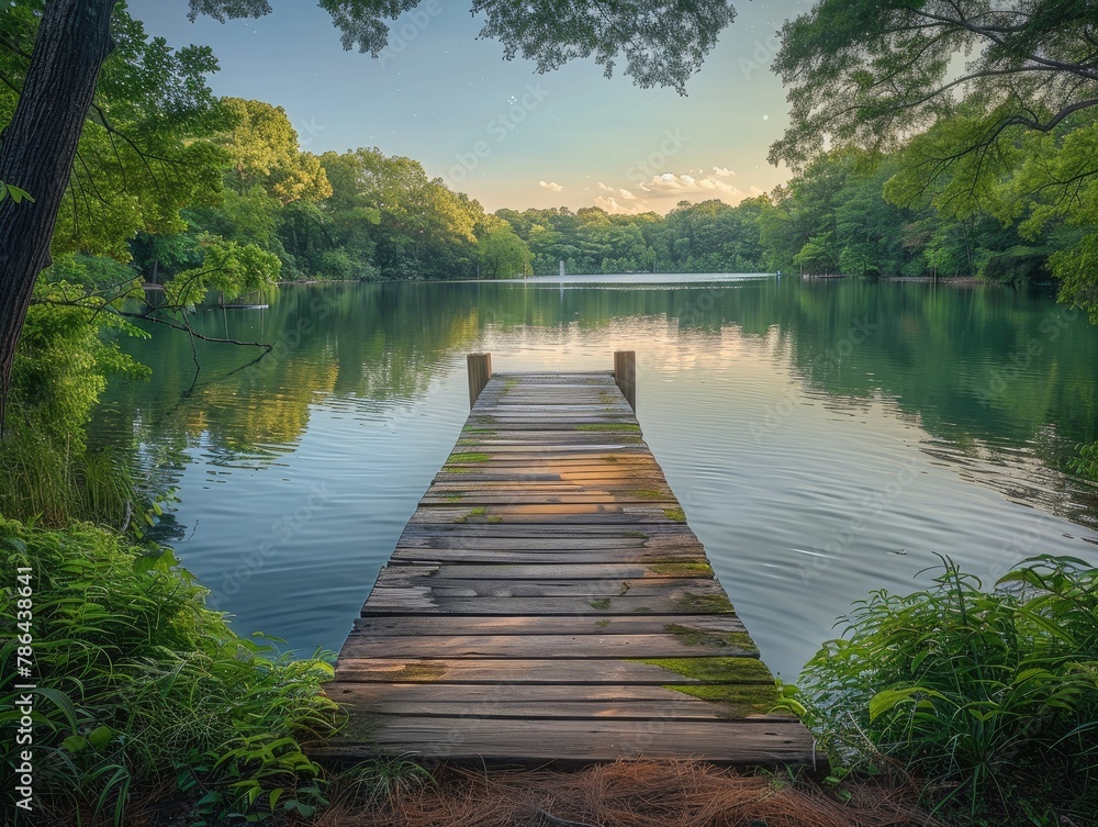 A serene lakeside retreat with a rustic wooden dock stretching out over calm waters, framed by lush greenery tranquil escape Soft, diffused light bathes the scene, creating a peaceful and idyllic - obrazy, fototapety, plakaty 