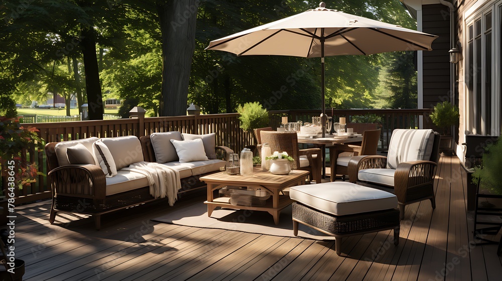 A luxurious deck with stylish patio furniture  