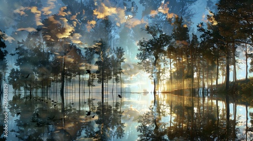 Captivating Mirrored Forest Reflecting Surreal Skies and Wildlife