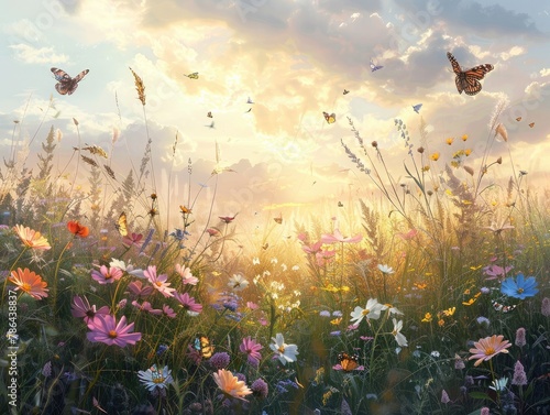 A serene meadow bathed in the soft light of dawn, with wildflowers blooming and butterflies fluttering among the grass tranquil beauty The first light of morning paints the scene in pastel hues