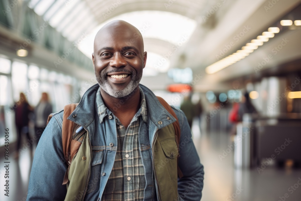 Portrait of a joyful afro-american man in his 50s wearing a rugged jean vest over busy airport terminal Portrait of a joyful afro-american man in his 50s wearing a rugged jean vest over busy airport terminal
