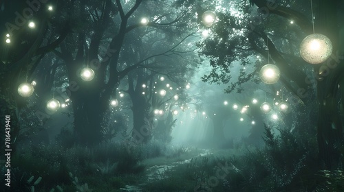 Enchanting Mystical Forest Illuminated by Ethereal Orbs of Light Along Winding Pathway © pkproject