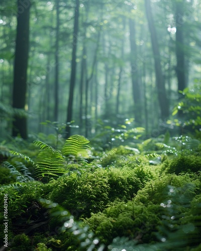 A serene forest scene featuring a variety of ferns, moss, and other forest plants ,close-up,ultra HD,digital photography © Oranuch
