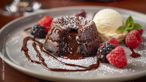 Chocolate lava cake on a plate with ice cream and raspberries.