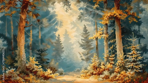 Needlepoint portrayal of a serene woodland scene, with towering trees and dappled sunlight photo