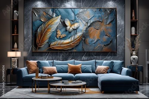 three panel wall art, golden ring with feathers and butterflies, blue gray color scheme, marble background