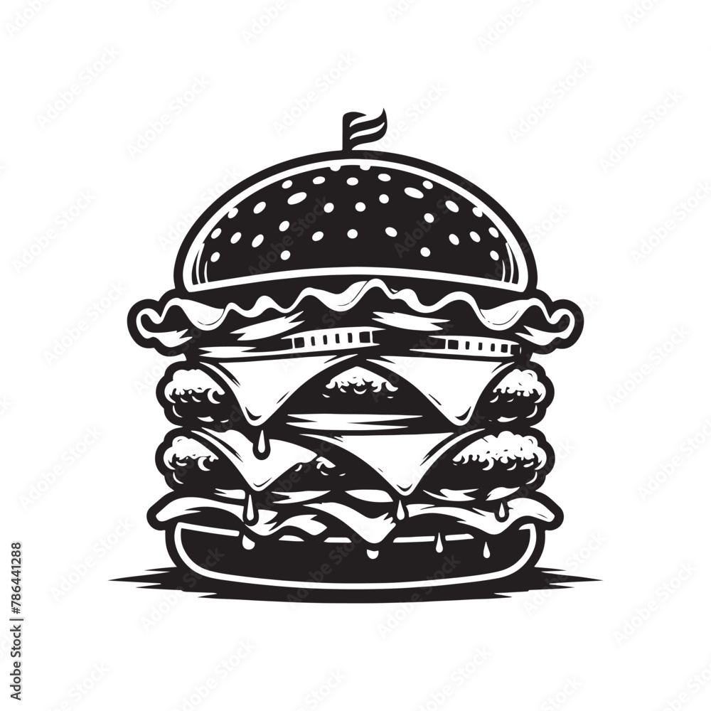 Yummy Burger Silhouette: Tasty Fast Food Element for Your Creative Endeavors, Chicken Burger Illustration - Zinger Burger Vector
