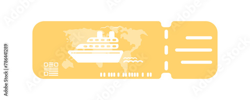 Yellow ship ticket with world map vector. Booking a ticket for travel. Tourist ticket for a cruise ship. Sea, ocean ticket vector. Boarding pass black icon.