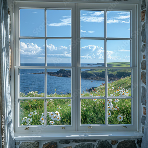 Offenes Fenster oder T  r mit Meerblick  St. John   s Head  Orkneys  Scotland