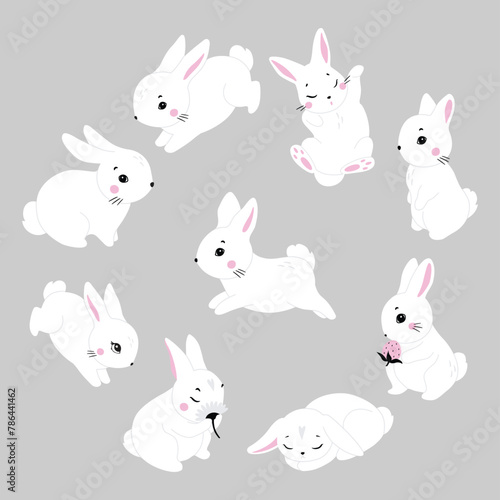 Cute cartoon rabbits. Funny white hares, Easter bunnies. Standing, sitting, running, jumping, sleeping pose. Set of flat cartoon vector illustrations isolated on background. White Easter bunny rabbits