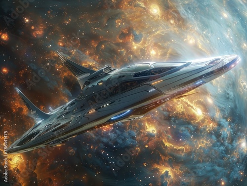 A sleek, futuristic spaceship gliding through the cosmos against a backdrop of swirling nebulas and distant stars interstellar odyssey Soft, ethereal lighting bathes the spacecraft in a mesmerizing