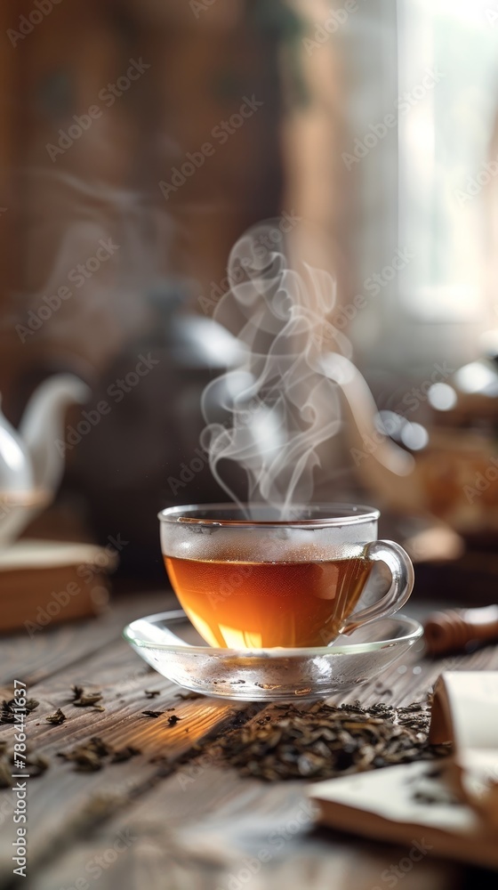 Steam curls elegantly from a transparent cup of tea on a wooden surface with scattered tea leaves, suggesting a serene teatime moment. Steam curls elegantly from a transparent cup of tea on a wooden surface with scattered tea leaves, suggesting a serene teatime moment.