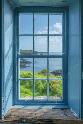 Offenes Fenster oder T  r mit Meerblick  St. John   s Head  Orkneys  Scotland