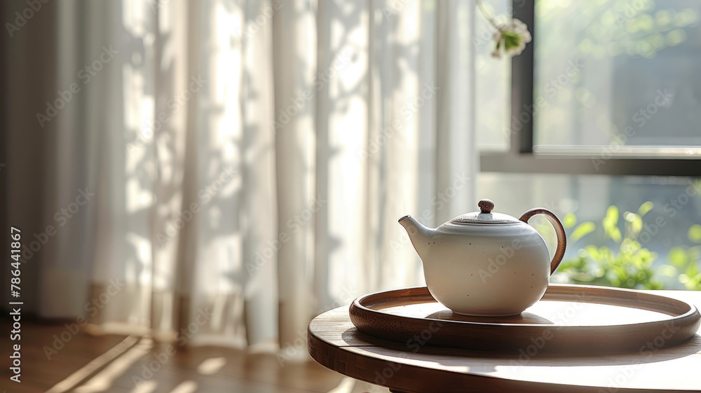A teapot on a table in sunny room.