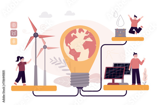 Group of kids with renewable resources and alternative energy. Next generation with sustainable development, renewable electricity production with solar panels and wind generator.