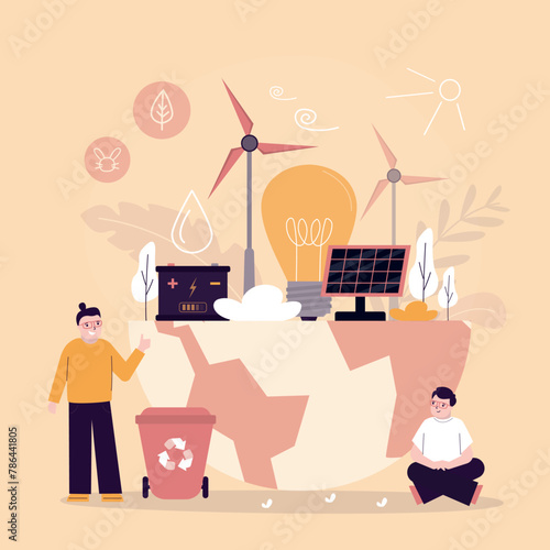 Group of kids with renewable resources and alternative energy. Waste recycling. Next generation with sustainable and renewable electricity production with solar panels