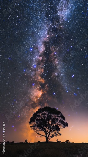 A solitary tree under the arc of the Milky Way, where night meets the gentle glow of dawn.