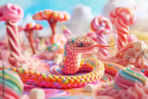 Fantasy serpent slithering amidst an assortment of colorful candies in a whimsical candyland setting