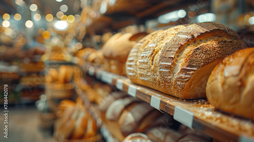 Photo of bread on bakery shelves.