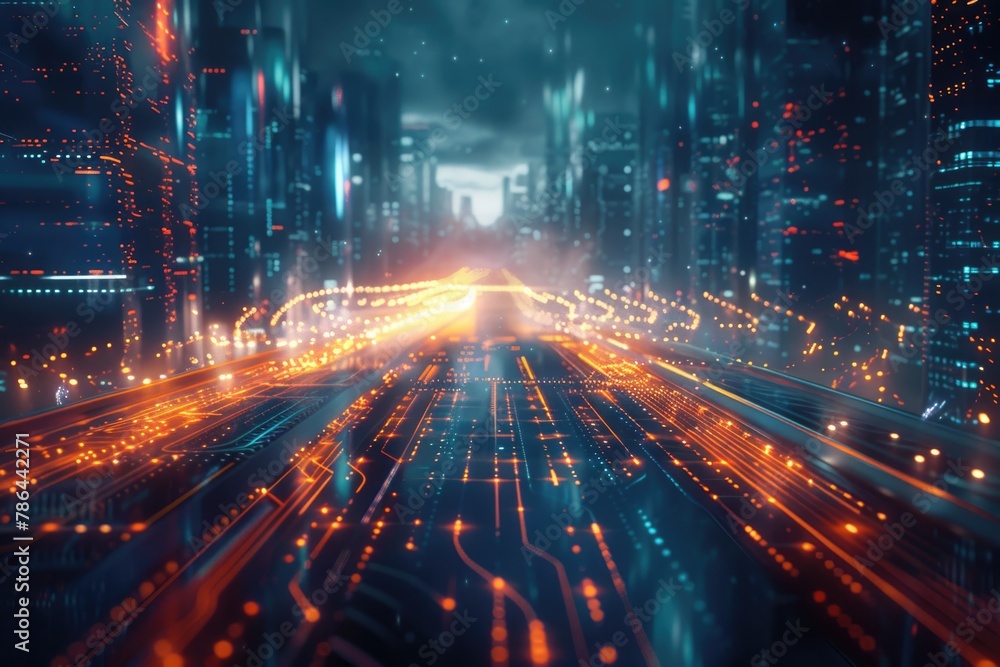 Abstract background with light trails on a dark blue and orange glowing futuristic city. Abstract background with light trails on a dark blue and orange glowing futuristic city.