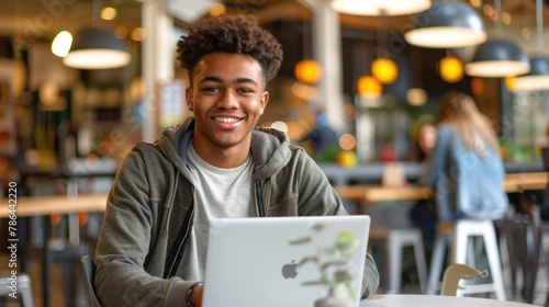 A happy young male student using a laptop in a coffee shop.