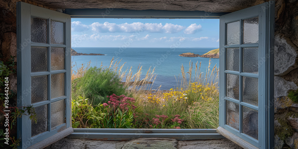 Offenes Fenster oder Tür mit Meerblick, St. John’s Head, Orkneys, Scotland Offenes Fenster oder Tür mit Meerblick, St. John’s Head, Orkneys, Scotland