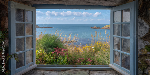 Offenes Fenster oder Tür mit Meerblick, St. John’s Head, Orkneys, Scotland