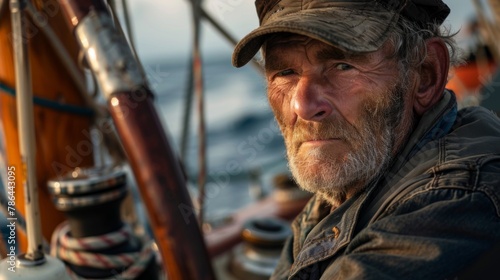 Weathered face of the captain who confidently stands at the helm
