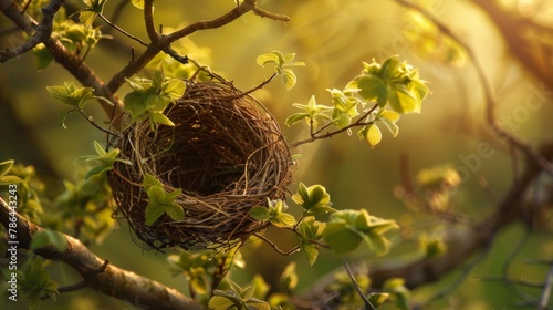 Birds nest, neatly arranged branches and grass, soft lining of feathers and moss © AlfaSmart