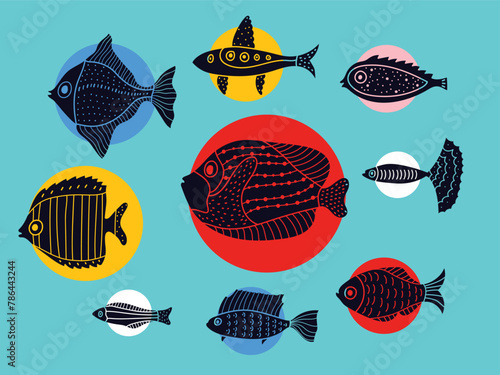 Fish. Clipart. Set. Cute line illustration. © vyazovskaya